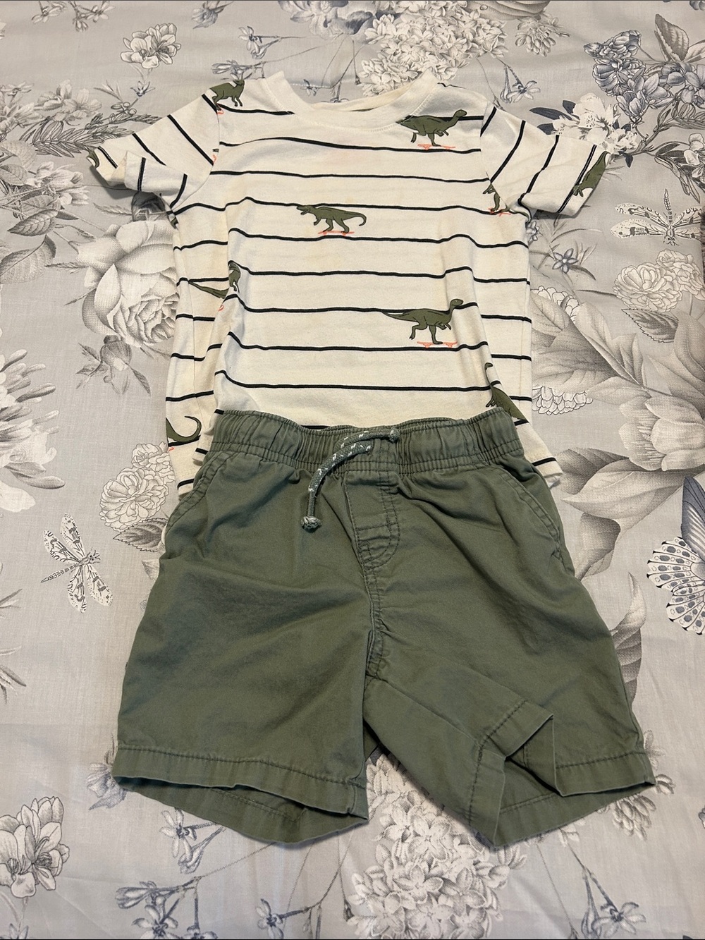 Cat & Jack Olive Green Shorts and Dino Stripe Tee Set